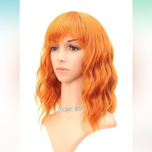 NWT Faelbaty Curly Wavy Short Wig with Bangs for Woman / Girls Orange Copper